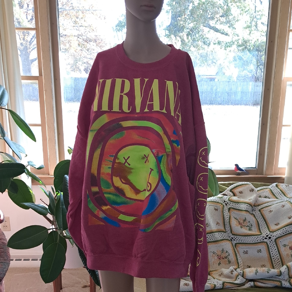 Nirvana Pink Graphic Women's Sweater Oversized Sm Ptp 25"